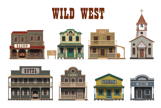 Vector wild west town cartoon buildings western houses