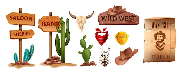 Wild west vector icon set cartoon game UI cowboy object sheriff golden badge cow skull on white