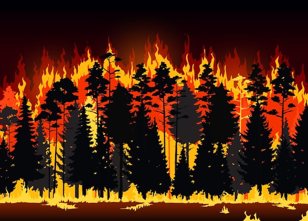 Wildfire danger disaster of forest fire flames Burning vector pine trees and bushes nature background of forest fire at night with smoke clouds burnt trees black silhouettes environment protection