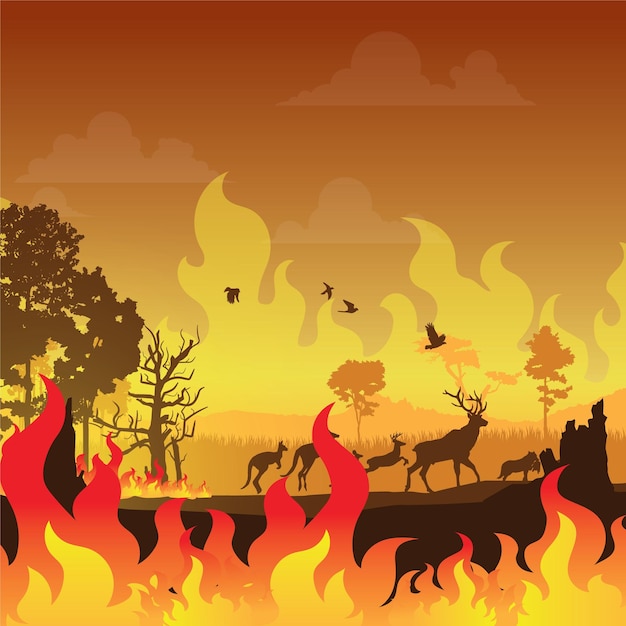 Wildfire silhouettes background forest fire vector Premium Vector