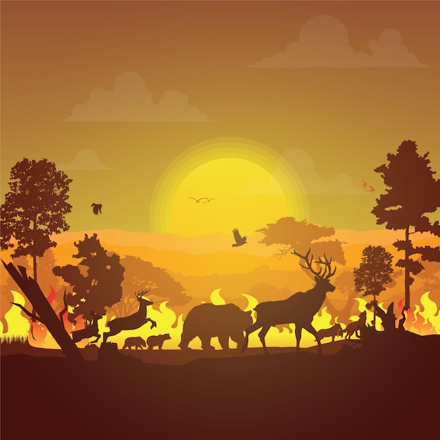 Wildfire silhouettes background Forest fire vector