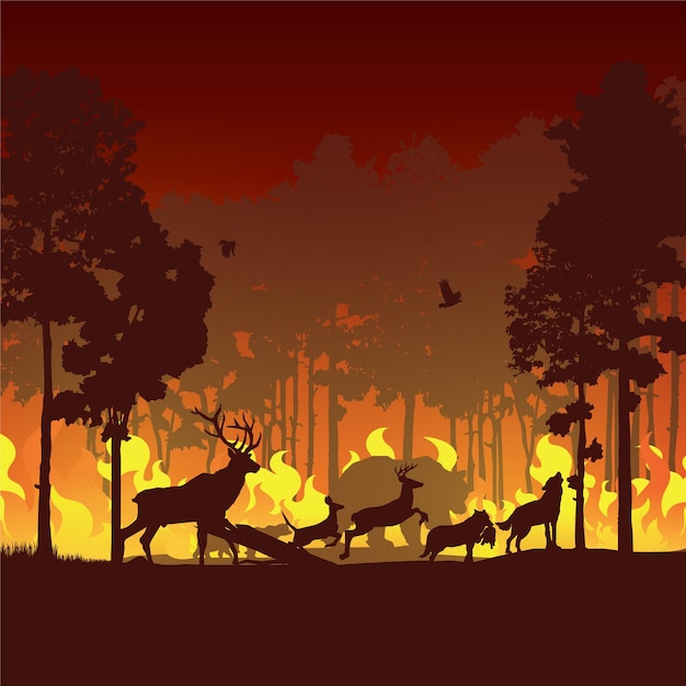 Wildfire silhouettes background Forest fire vector