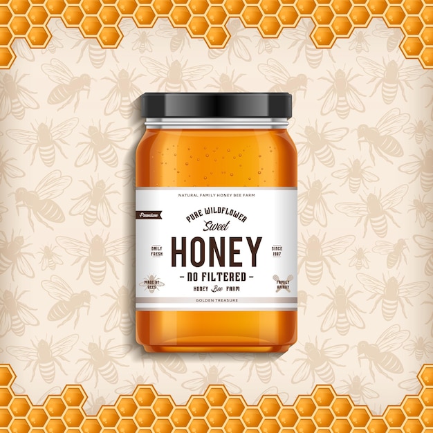 Vector wildflower honey glass jar illustration with honey bees and honeycomb background