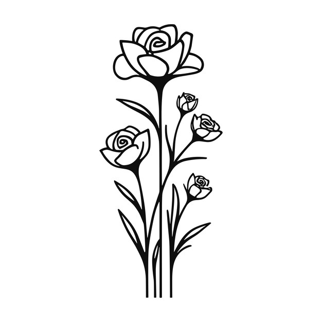 Vector wildflower minimalist flower bouquet outline black and white isolated on white background