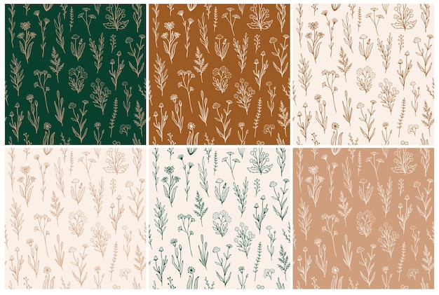 Vector wildflower seamless pattern set with outline florals. retro style print design collection with hand drawn flowers in rustic colors. simple field floral patterns for wallpaper, packaging, fabric design