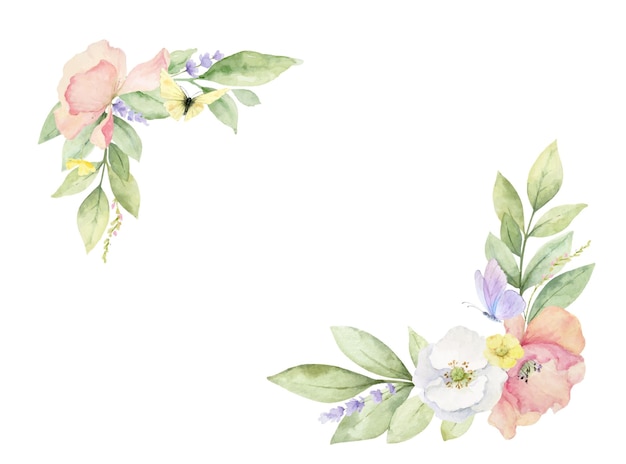 Wildflowers and Butterflies Watercolor vector wreath isolated on white background