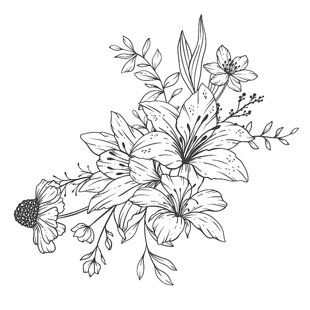 Wildflowers Line Art Fine Line Lily Flowe Bouquets Hand Drawn Illustration Floral Coloring Page