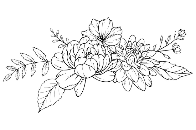 Wildflowers Line Drawing Flower Coloring Page Floral Line Art