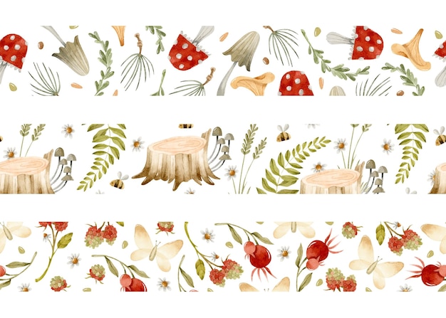 Wildflowers, mushrooms and forest elements watercolor seamless borders set