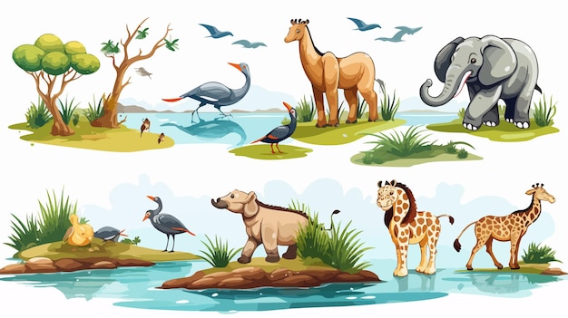 Vector wildlife animals gathering at river scene illustration