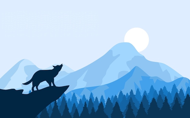 Wildlife illustration with forest mountain and wolf