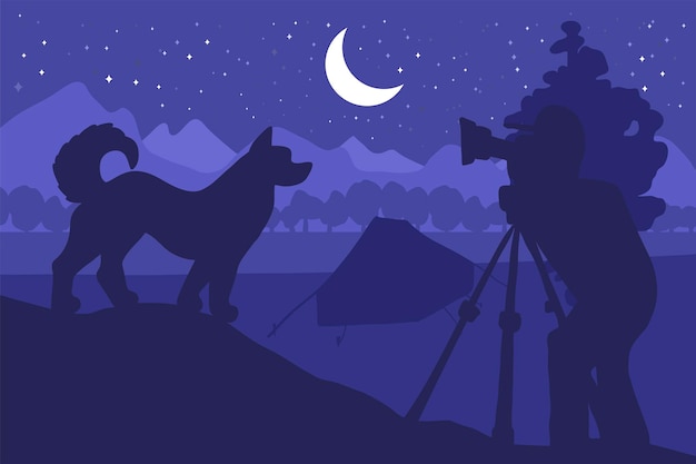 Wildlife, nature photographer flat vector illustration. Minimalistic night camp landscape with dog