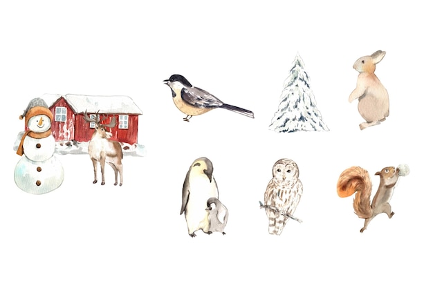 Wildlife village in winter watercolor decoration vector