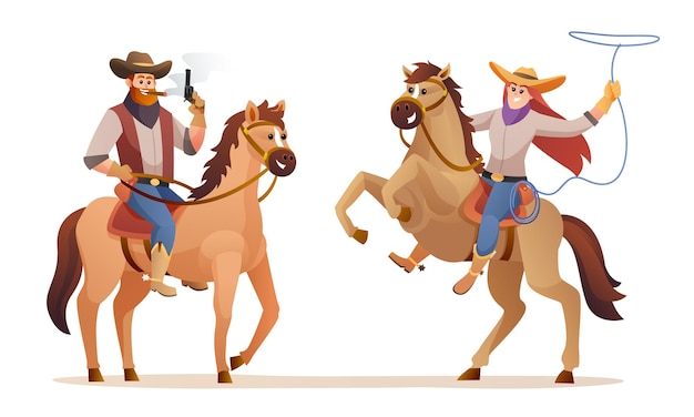 Vector wildlife western cowboy and cowgirl riding horse characters illustration