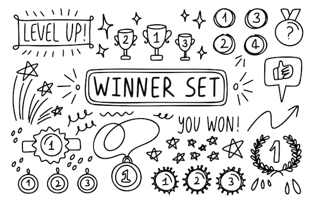 Win doodle outline set Sport auto items doodles elements Hand drawn set with Flag icon