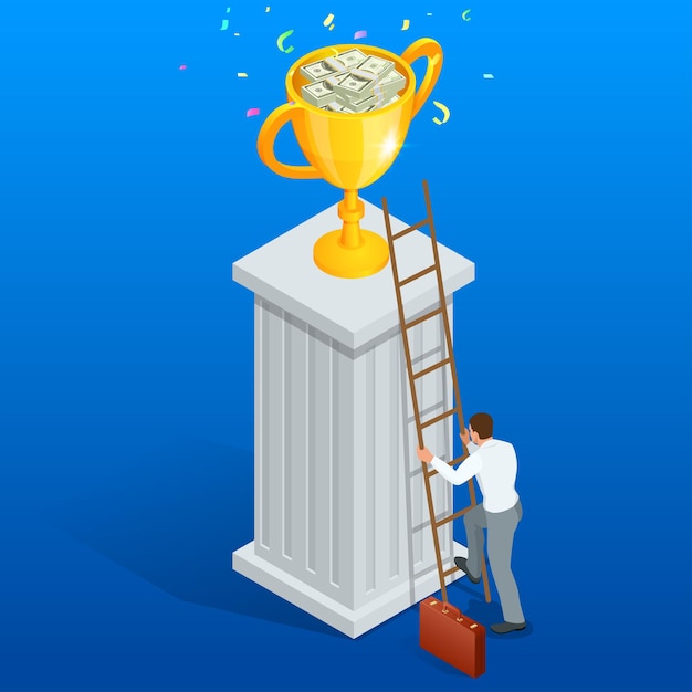 Win trophy success movement through obstacle flat 3d isometry isometric business concept web vector illustration. Flat 3d vector isometric illustration.