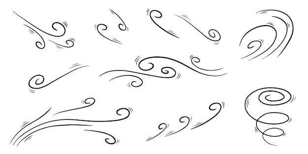 Wind blow in doodle style, hand drawn tornado. Hurricane of weather cataclysm, gust symbol outline