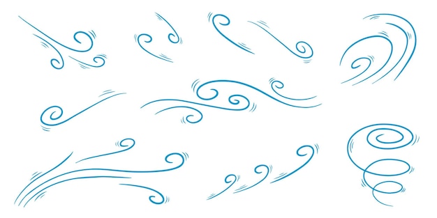 Vector wind blow set in doodle style vector illustration wave cold air during windy weather