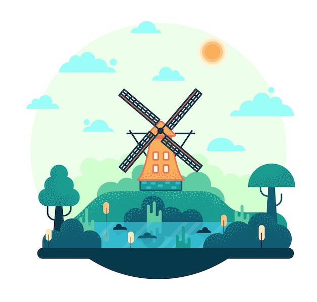 Wind mill by the river vector cartoon illustration in flat cartoon stile