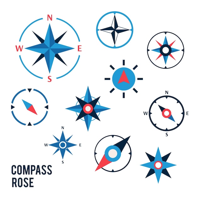 Wind rose compass vector flat symbols set