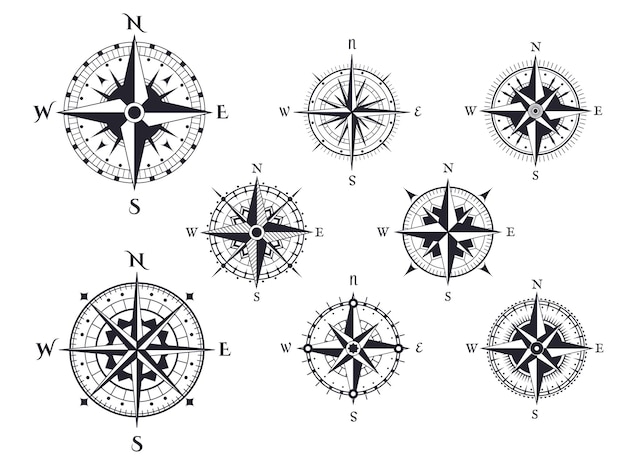 Wind rose nautical direction icons with cardinal points, vintage map compasses