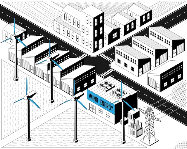 Wind turbine energy, wind turbine power plant in isometric graphic black and white color