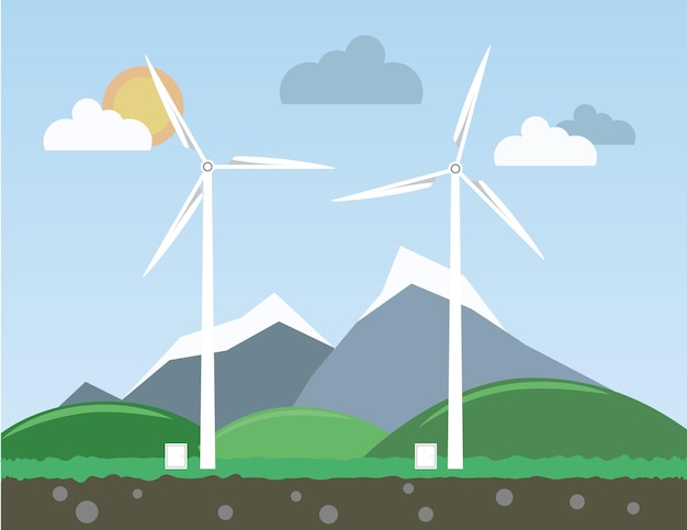 Wind turbines on a background of mountains. Ecological energy. Vector illustration.