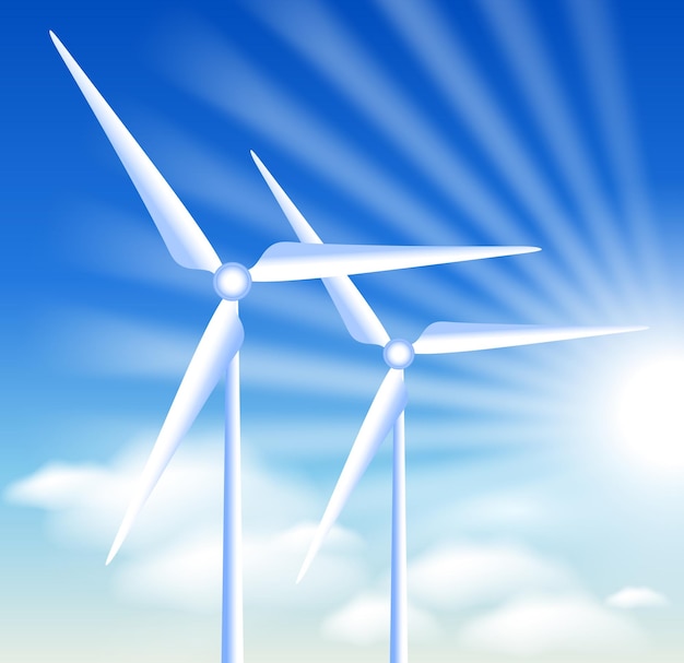 Wind turbines on the blue sky background and sun