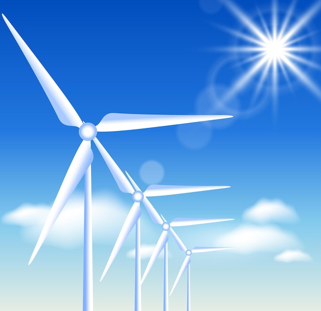 Wind turbines on the blue sky background and sun