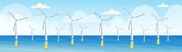 Vector wind turbines clean alternative energy source renewable water station concept seascape background  horizontal banner