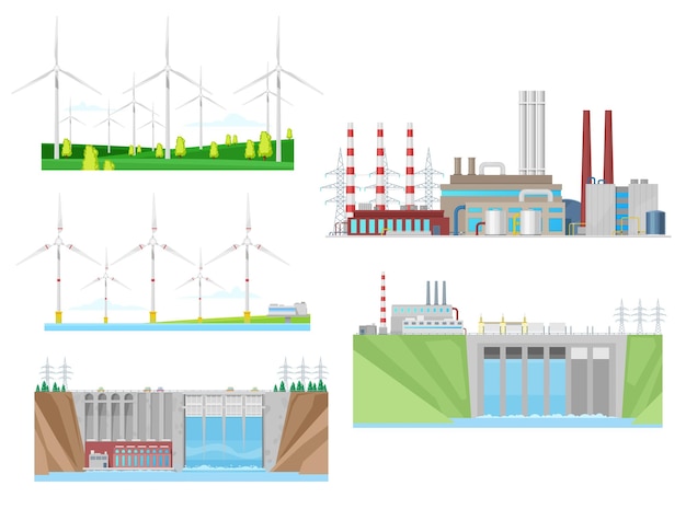 Vector wind turbines coal power plant and hydro station