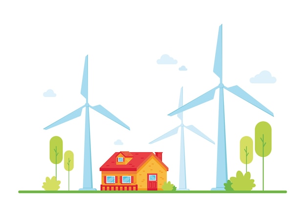 Wind turbines for ecological power supply with an eco friendly house. Green nature