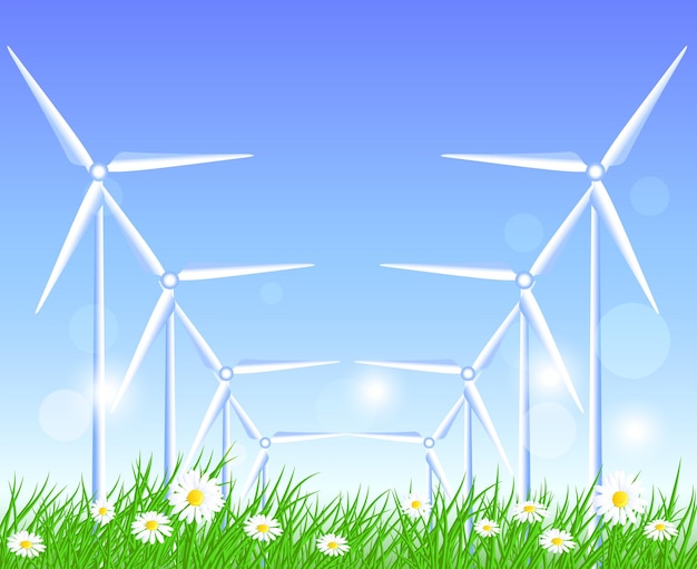 Wind turbines in the field with flowers