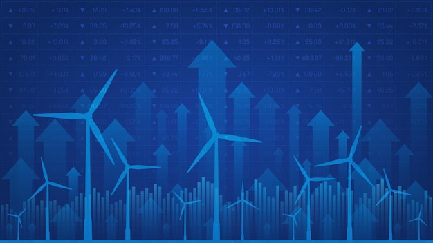 Vector wind turbines financial background with stock quotes