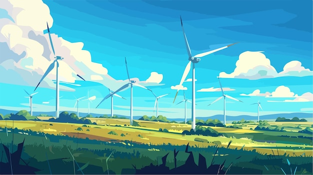 Wind Turbines on Meadow Vector Illustration