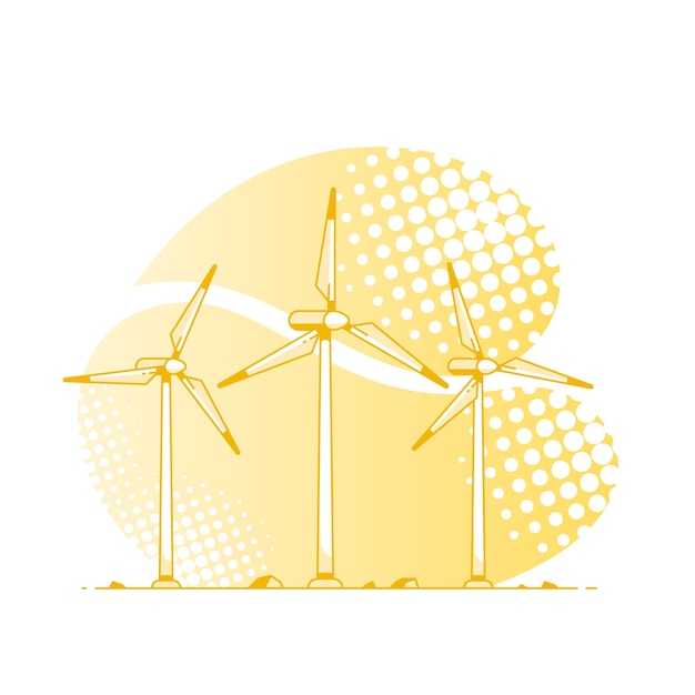 Wind turbines on white background, flat style outline concept illustration of renewable wind energy