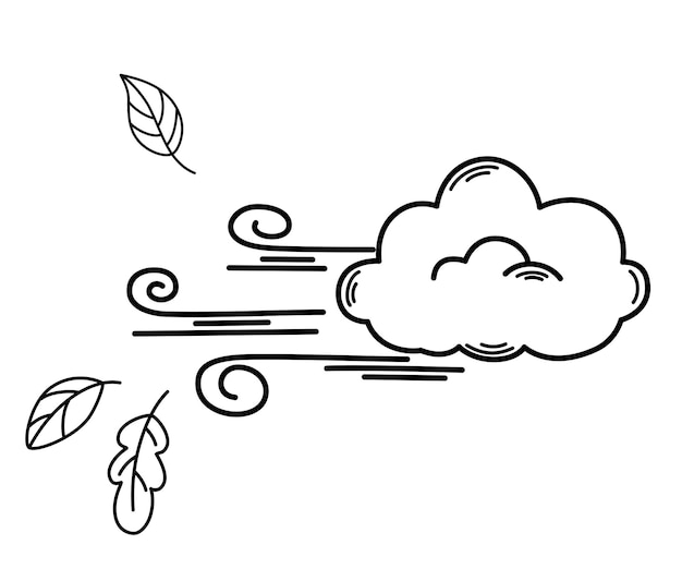 Wind with leaves Windy weather Weather forecast for the autumn season meteorology Forecasting wind speed and strength Line art Vector illustration in doodle style isolated