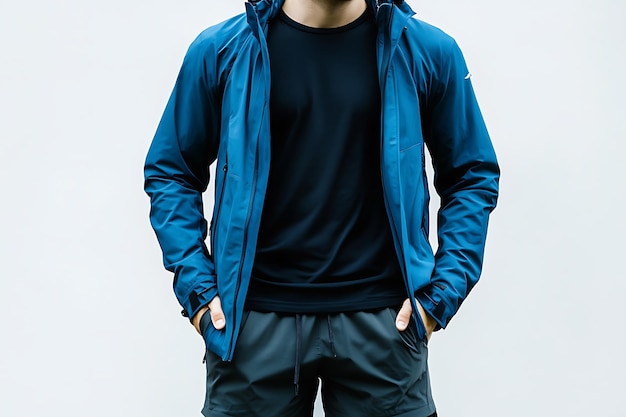 windbreaker jacketvintage heather navy tshirt and dark blue sports shorts isolated on white