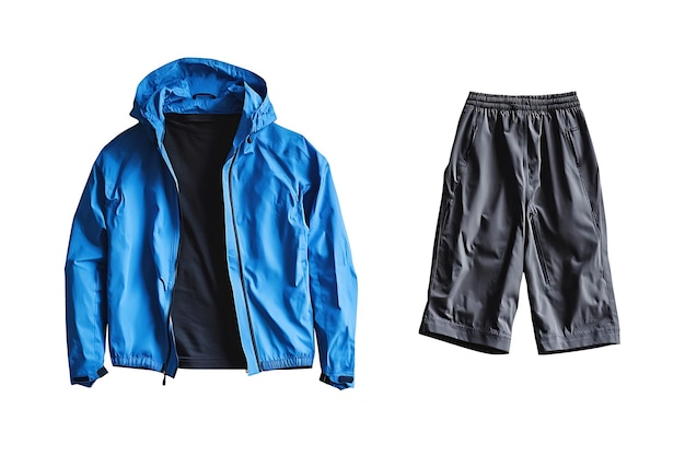 windbreaker jacketvintage heather navy tshirt and dark blue sports shorts isolated on white