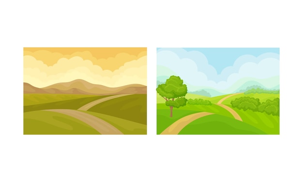 Winding Country Road and Green Landscape Vector Set