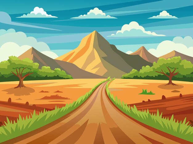 Vector a winding dirt road leads to the distant snowcapped mountains promising adventure and discovery illustration