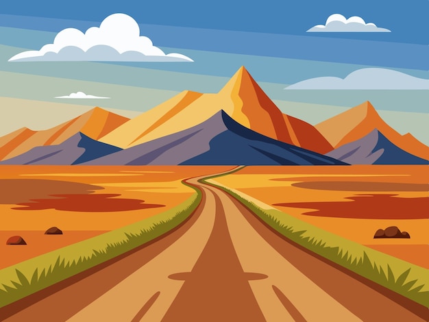 Vector a winding dirt road leads to the distant snowcapped mountains promising adventure illustration