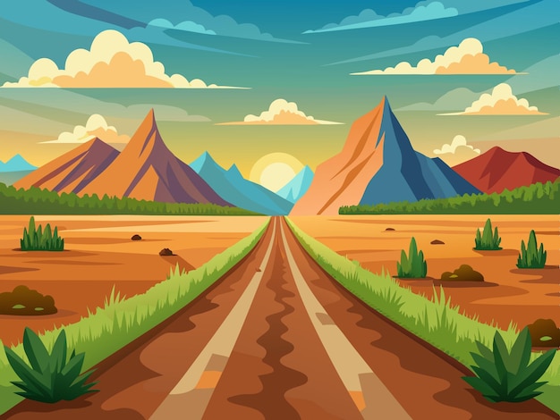 Vector a winding dirt road leads to the distant snowcapped mountains promising adventure illustration