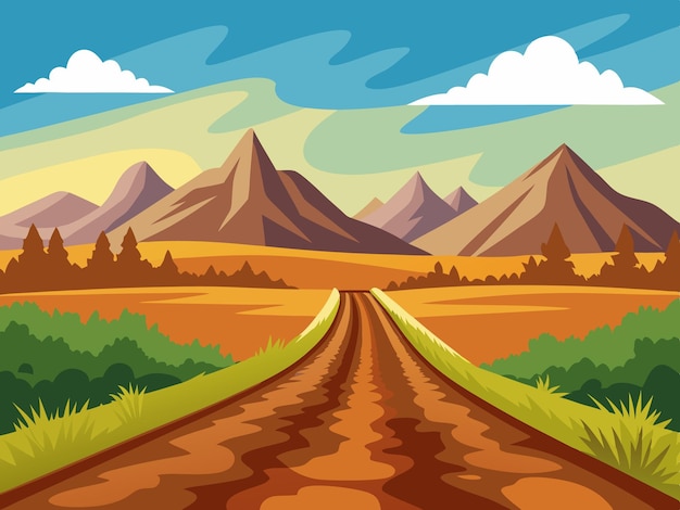 Vector a winding dirt road leads to the distant snowcapped mountains promising adventure illustration