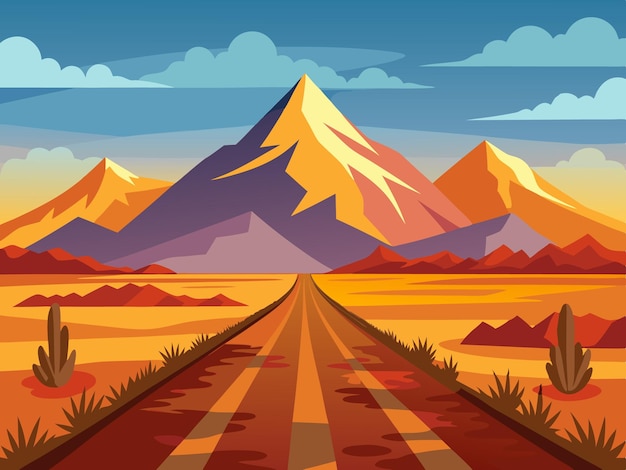 Vector a winding dirt road leads to the distant snowcapped mountains promising adventure illustration