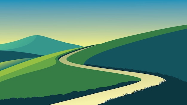 Vector a winding dirt road traverses a verdant hillside surrounded by vibrant green grass creating a serene landscape flat vector illustration