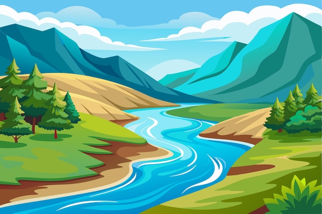 Vector winding river flowing through lush mountain valley