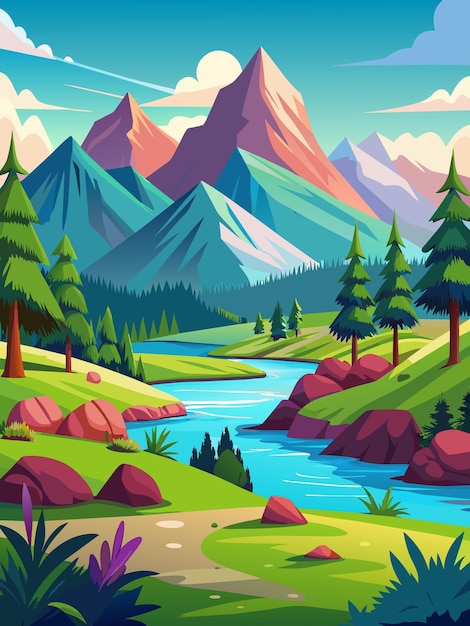 A winding river flows through a lush valley surrounded by majestic mountains