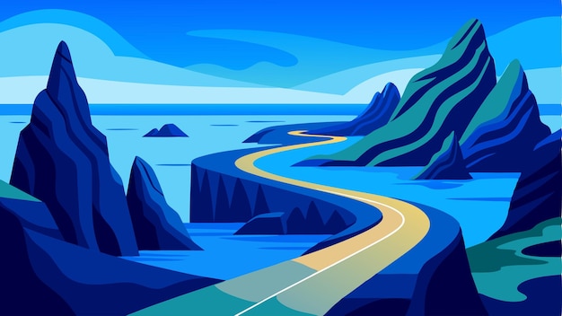 A winding road leading to a secluded beach framed by dramatic rock formations and framed by the sapphire blue sea