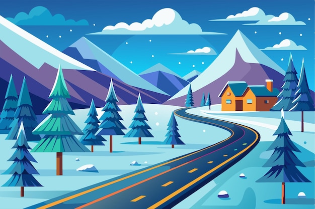 Vector a winding road leads through a snowy landscape with tall evergreen trees and a cozy house under a sky filled with clouds and distant mountains